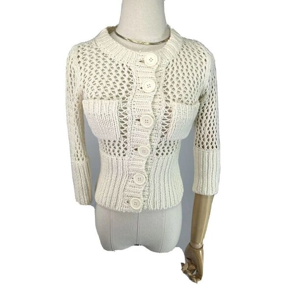 Free People Cream Cardigan Sweater Size XS Chunky Knit Button Front 3/4 Sleeves - Picture 1 of 12